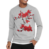 Magnolia Bloesem Bloemen Tak XXL Strijk Embleem Patch Rood op een grijze sweater