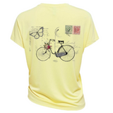 Fiets Briefkaart Vintage Strijk Applicatie op de rugzijde van een licht geel t-shirt