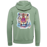 Tijger Full Color Art Strijk Applicatie op de achterzijde van een groene hoodie