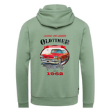 Auto Vintage Red Oldtimer Classic Car Strijk Applicatie op de rugzijde van een  groene hoodie