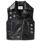 Zes maal de Ster Sterren Zilver Paillette Strijk Embleem Patch op een zwart kunststof bodywarmer kindermaat
