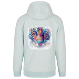 Tijger Kop Art Full Color Strijk Applicatie op de achterzijde van een lichtbauwe hoodie