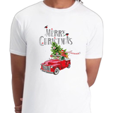 Kerst Merry Christmas Auto Kerstboom Teckel Strijk Applicatie op een wit t-shirt