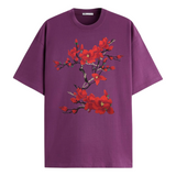 Magnolia Bloesem Bloemen Tak XXL Strijk Embleem Patch Rood op een paars t-shirt