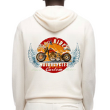 Motor Bike Vintage Rider Motor Cycles Strijk Applicatie op de rugzijde van een witte hoodie