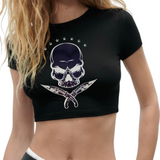 Piraten Doodskop Skull Sabel Strijk Applicatie op een kort zwart navelshirt