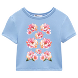 Wilde Roos Anemoon Pioen Bloem Full Color Strijk Applicatie op een blauwe t-shirtje