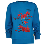 Magnolia Bloesem Bloemen Tak XXL Strijk Embleem Patch Rood op een blauwe sweater