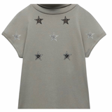 twee maal de Ster Strass Strijk Embleem Patch Zilver samen met de antraciet en zwart zilver gekleurde varianten op een groen grijs shirt