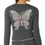 Vlinder XXL Paillette Opnaai Patch Wit Roze Paarlemoer