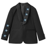zes maal de Ster Sterren Strijk Embleem Patch Zwart Zilver op een klein colbertje