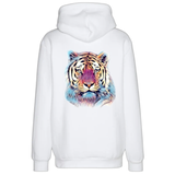 Tijger Full Color Art Strijk Applicatie op de achterzijde van een witte hoodie