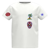 Ster Sterretje Strijk Embleem Patch Lila samen met andere strijk patches op een wit t-shirtje