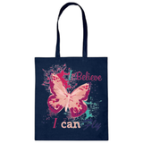 Vlinder I Believe I Can Fly Strijk Applicatie op een donker blauwe linnen tas