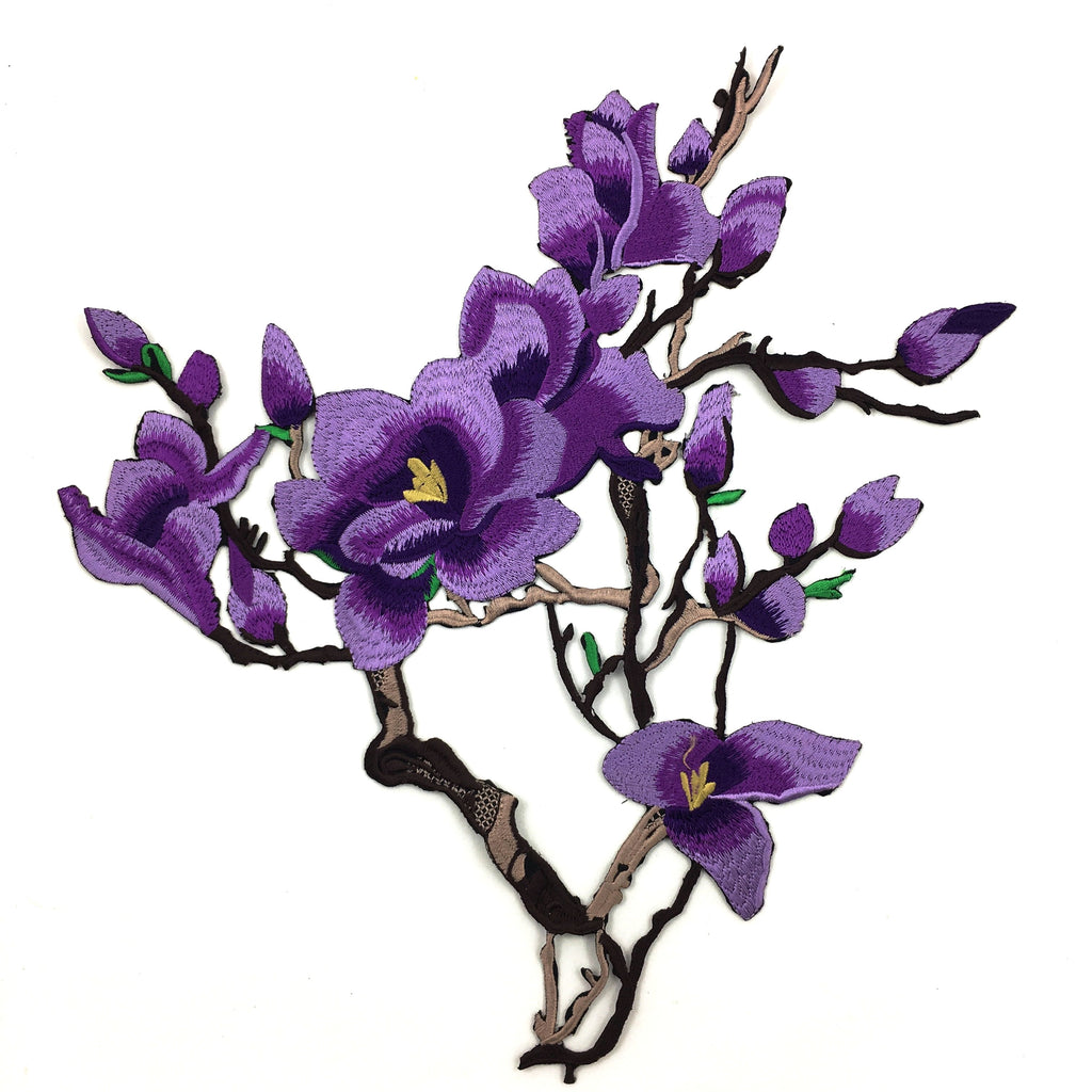 XL paarse magnolia bloesem bloemen op tak strijk patch