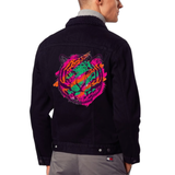 Tijger Art Graffiti Strijk Applicatie Roze Groen op de rugzijde van een zwart spijkerjasje
