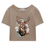 Hert Herten Strijk Applicatie op een beige bruin kort shirtje
