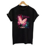 Vlinder I Believe I Can Fly Strijk Applicatie op een zwart t-shirt