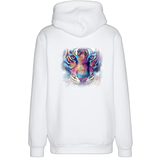 Tijger Kop Art Full Color Strijk Applicatie op de achterzijde van een witte hoodie