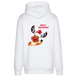 Rendier Merry Christmas Everybody Strijk Applicatie op de rugzijde van een witte Hoodie