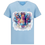 Tijger Kop Art Full Color Strijk Applicatie op een klein lichtblauw t-shirtje