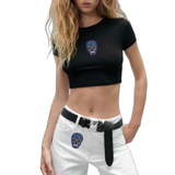 Sugar Skull Mexico Schedel Strijk Embleem Patch op een zwart shirt en een witte broek