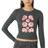 Wilde Roos Anemoon Pioen Bloem Full Color Strijk Applicatie op een grijze longsleeve