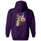 Pauw Peacock Full Color Strijk Applicatie op de rugzijde van een paarse hoodie