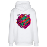 Tijger Art Graffiti Strijk Applicatie Roze Groen op de rugzijde van een witte hoodie