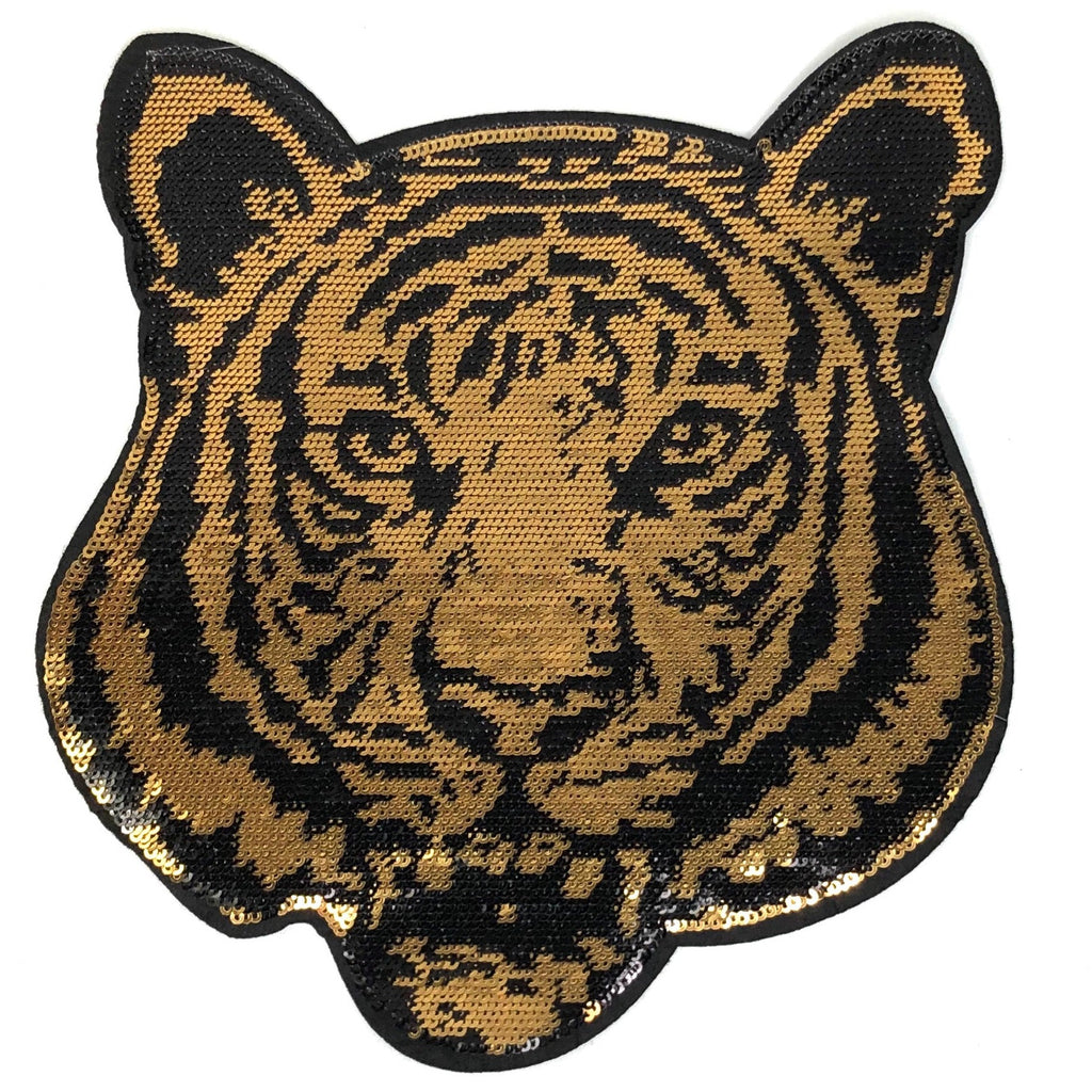 Tijger Strijk Embleem Patch Zwart Goud Paillette XXL