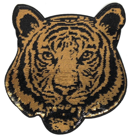 Tijger Strijk Embleem Patch Zwart Goud Paillette XXL