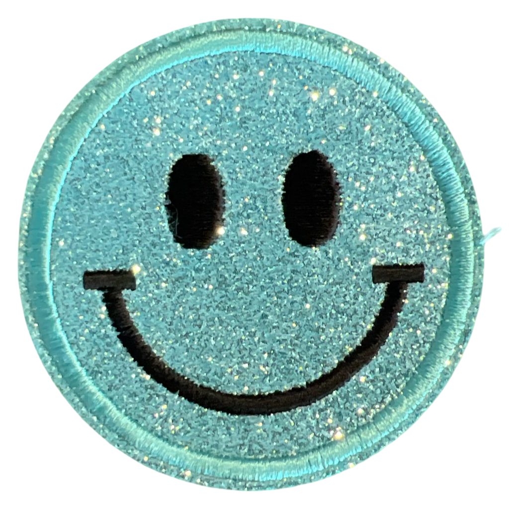 Smiley Emoji Strijk Embleem Patch Blauw Glitter