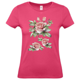 Rozen Bloemen Full Color Strijk Applicatie op een roze t-shirt