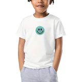 Smiley Emoji Strijk Embleem Patch Blauw Glitter op een wit t-shirtje