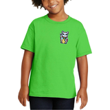 Poes Kat Gelukspoes Strijk Patch Large op een groen t-shirt