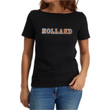 HOLLAND Tekst Oranje Wit Alfabet Letters Set 7 Stuks op een zwart t-shirt