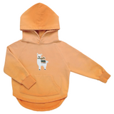 Lama Alpaca Peru Strijk Embleem Patch Wit op een oranje kleine hoodie