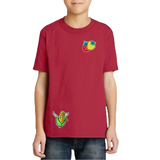 Mais Kolf Maiskolf Groenten Strijk Embleem Patch Samen met een aardbeien strijk patch op een rood t-shirt