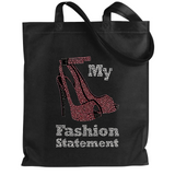 Naaldhak My Fashion Statement Tekst Strass Applicatie op een zwarte linnen tas