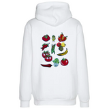 Fruit Groenten Strijk Embleem Patch Set 11 Patches op de rugzijde van een witte hoodie