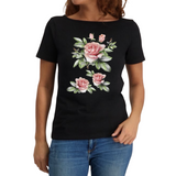 Rozen Bloemen Full Color Strijk Applicatie op een zwart t-shirt