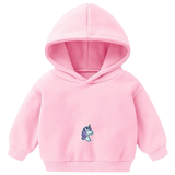 Eenhoorn Paillette Strijk Embleem Patch Paars op een kleine roze hoodie