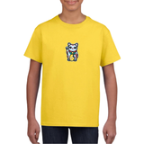 Poes Kat Gelukspoes Strijk Patch Large op een geel t-shirt