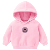 Smiley Emoji Strijk Embleem Patch Glitter p een kleine roze hoodie