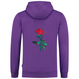 Roos Rood Bordeaux Strijk Embleem Applicatie Patch op terugzijde van een paarse hoodie