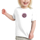 Smiley Emoji Strijk Embleem Patch Glitter op een wit t-shirtje