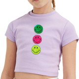 Paillette Smiley Strijk Embleem Patch Set 3 stuk op een lila t-shirtje