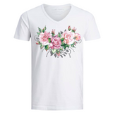 Full Color Strijk Applicatie Glitter Rozen Bloemen op een wit t-shirt