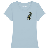 Dinosaurus Parasaurolophus Strijk Embleem Patch op ee lichtblauw t-shirt