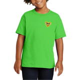 Hartje Met Oogjes Strijk Embleem Patch Goud B op een groen t-shirt
